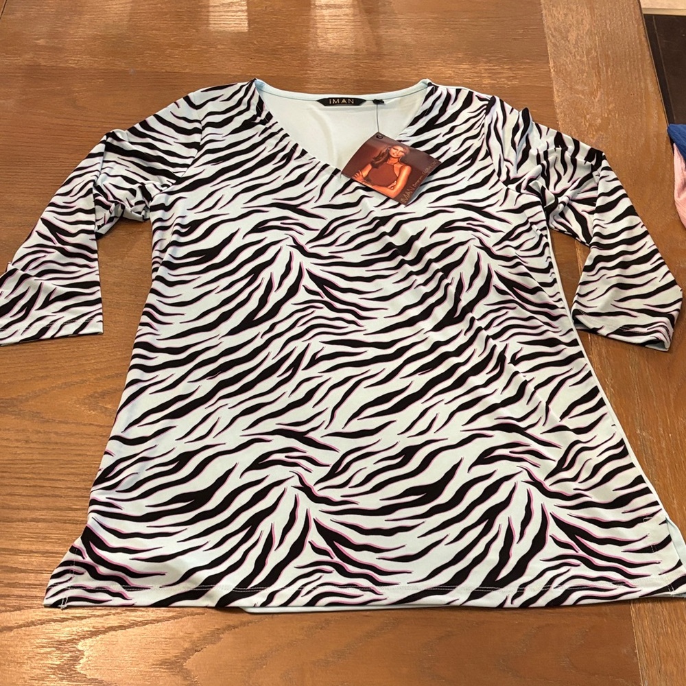 IMAN Zebra Print V-Neck Blouse with Pink Accents
